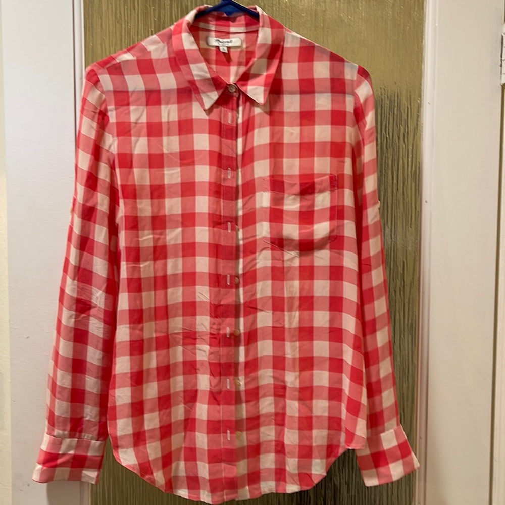 Madewell Pink Gingham Silk Blouse